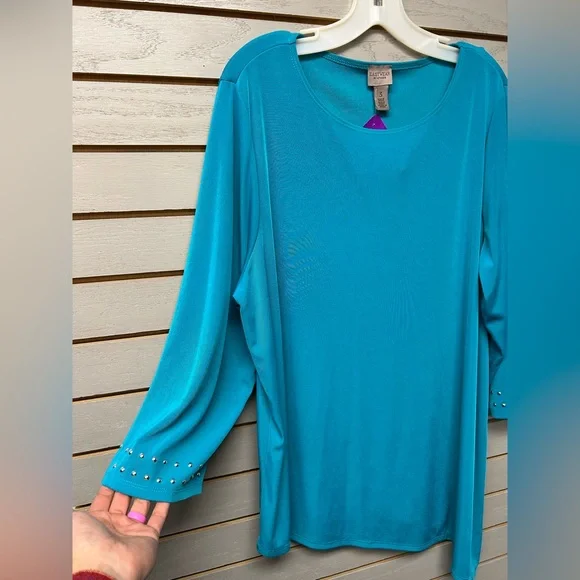 Teal Women's Top with Studded Sleeves - Picture 3 of 6